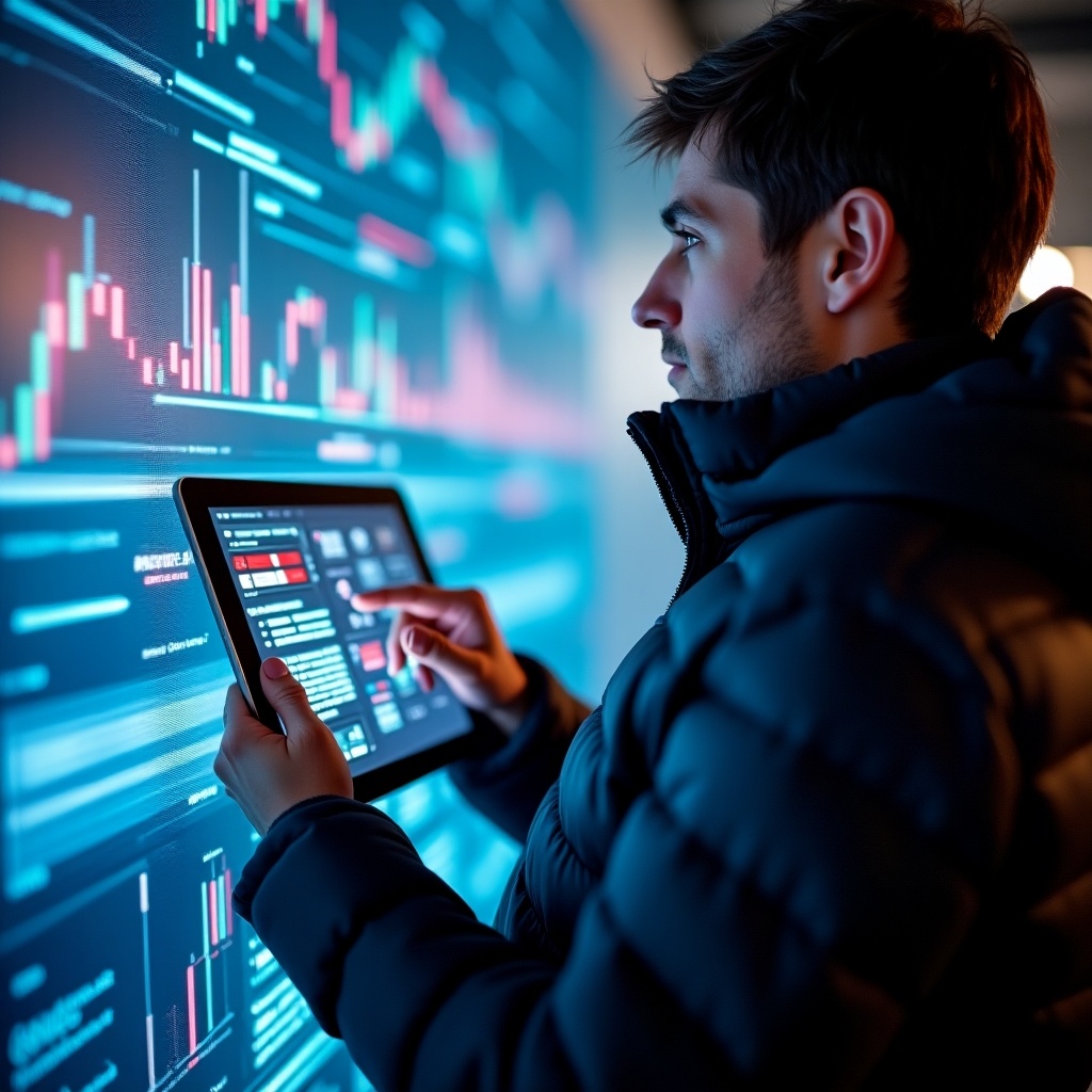 A person wearing a puffy jacket interacts with a tablet displaying dynamic graphics. The background features vibrant data displays with colorful graphs and charts.