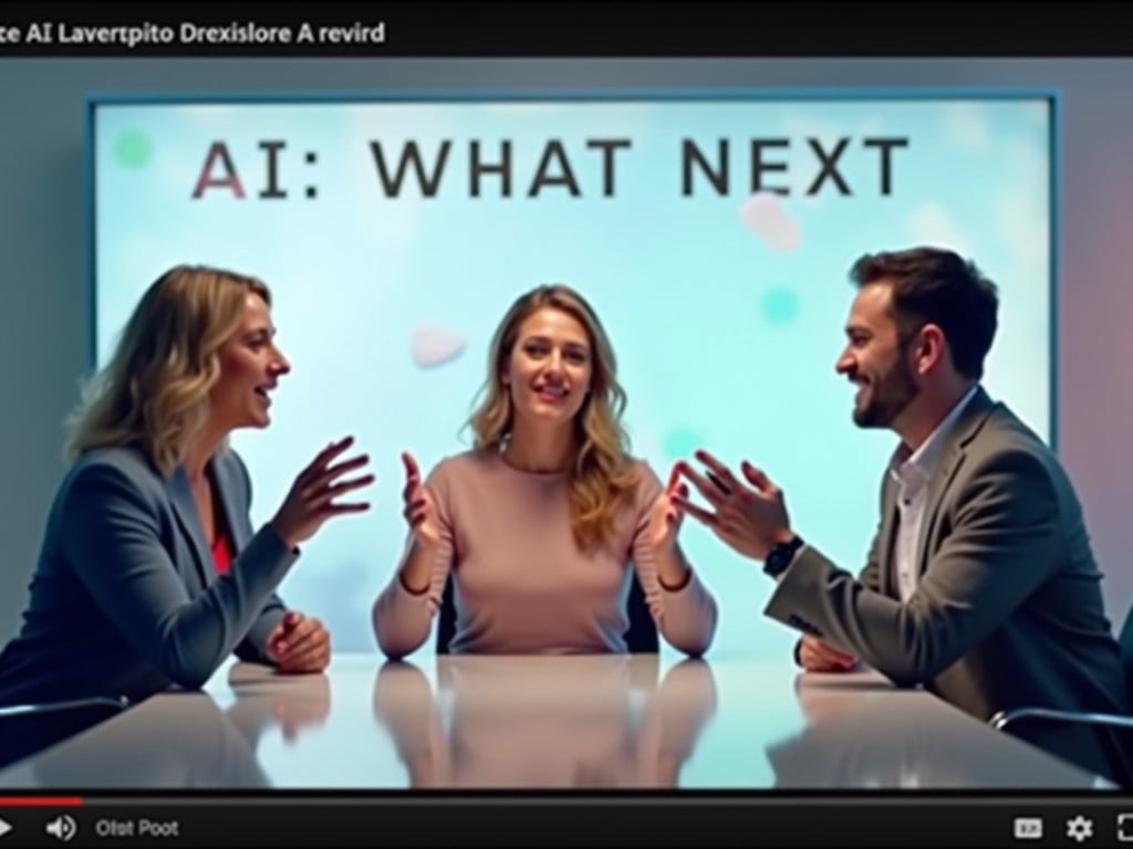 This image features three people engaged in an animated discussion about artificial intelligence. They are seated across a table, suggesting a collaborative atmosphere. The backdrop displays the title 'AI: WHAT NEXT', indicating a focus on future developments in AI. The participants appear enthusiastic and involved in the conversation. The lighting is bright, enhancing the visual appeal and emphasizing their expressions as they share ideas.