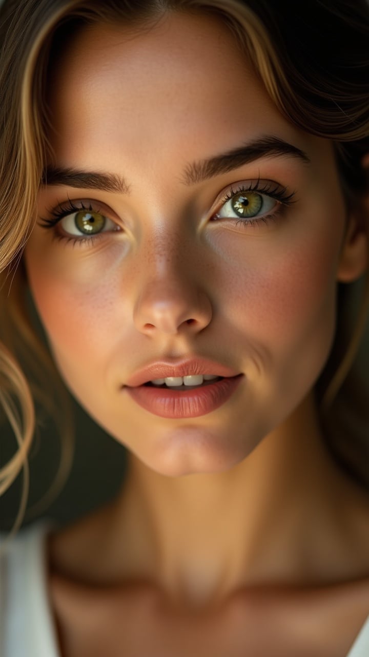 A close-up portrait of a beautiful young woman. Striking green eyes and soft, natural makeup. Warm, soft lighting creates a serene atmosphere. Inviting expression showcasing natural beauty. The background is blurred to focus on her face.