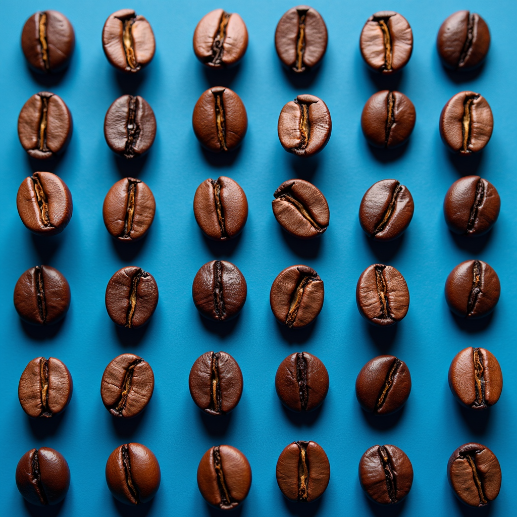 A neatly arranged pattern of coffee beans on a vibrant blue background.