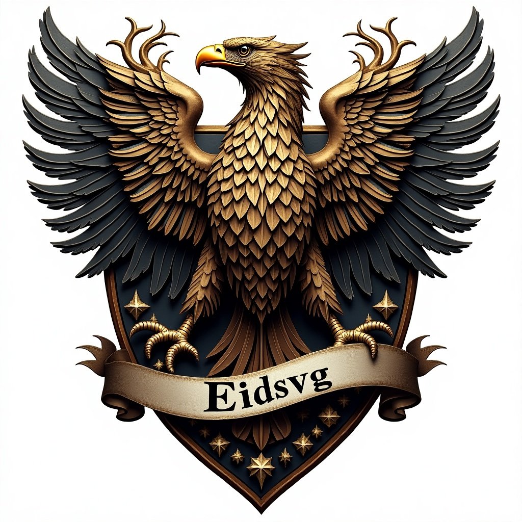 Decorated shield featuring the Eidsvåg family crest. Intricate designs with an eagle in the center. Norwegian forest elements are included. Reflective catch lights emphasize detail. Hyper detailed with rich contrast colors. Word Eidsvåg on a banner below the crest. PNG format with no background.