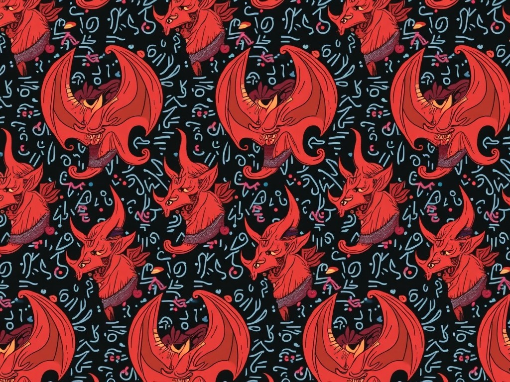 A repeating pattern of red demon faces with abstract symbols on a dark background.