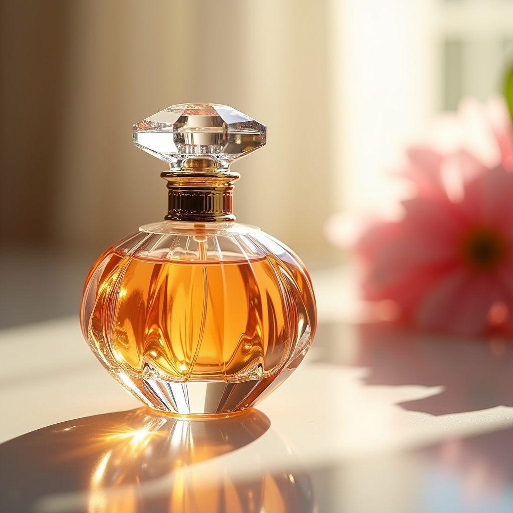 Elegantly designed glass perfume bottle with a diamond-shaped cap. Bottle contains amber liquid resting on a reflective surface. Soft sunlight creates warm reflections. Hint of pink flowers in background. Composition emphasizes elegance and allure of the perfume.