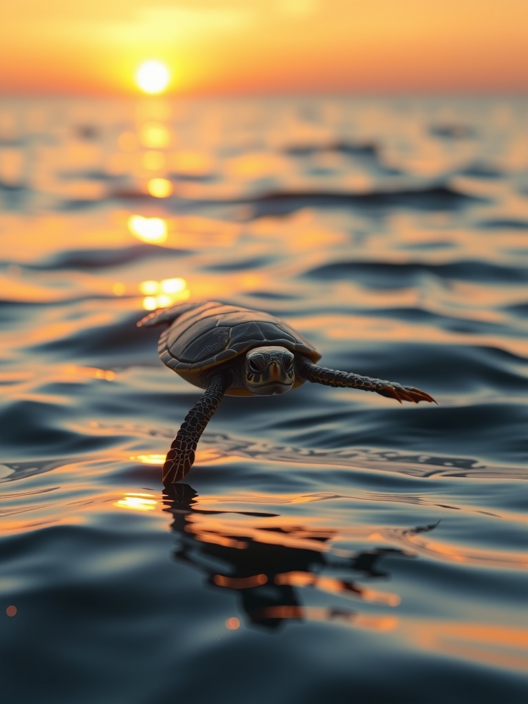 A lone sea turtle gracefully glides through calm ocean waters under a vibrant sunset sky. The setting sun casts a warm glow over the waves, creating a serene and peaceful scene as the turtle swims towards the horizon. The reflection of the sun on the water alongside the turtle creates a harmonious blend of nature's beauty.