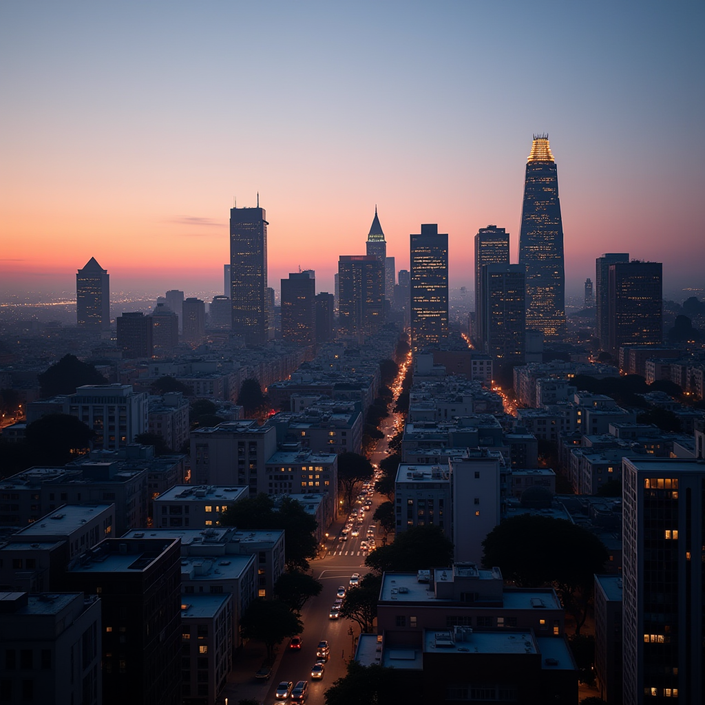 A bustling city skyline at sunset with vibrant colors and illuminated buildings.