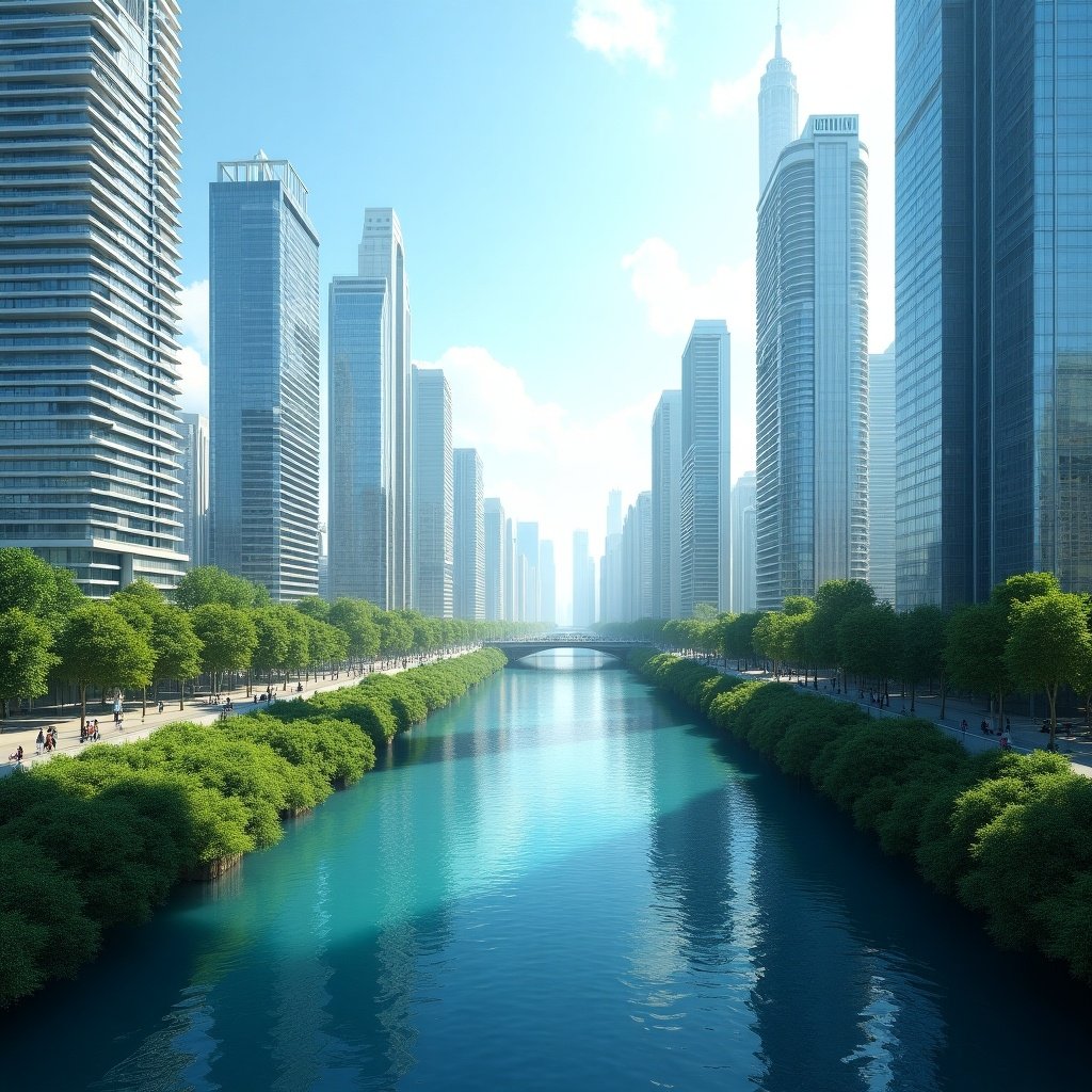 This image depicts a realistic modern cityscape with impressive skyscrapers standing tall against a clear blue sky. An elevated perspective showcases a serene river that winds through the heart of the city, bordered by vibrant greenery. The sunlight glimmers on the water, accentuating its blue hues and the reflective glass facades of the buildings. People stroll along the riverside pathways, embodying a lively yet peaceful urban atmosphere. The overall scene encapsulates the dynamic blend of nature and architecture in contemporary city life.