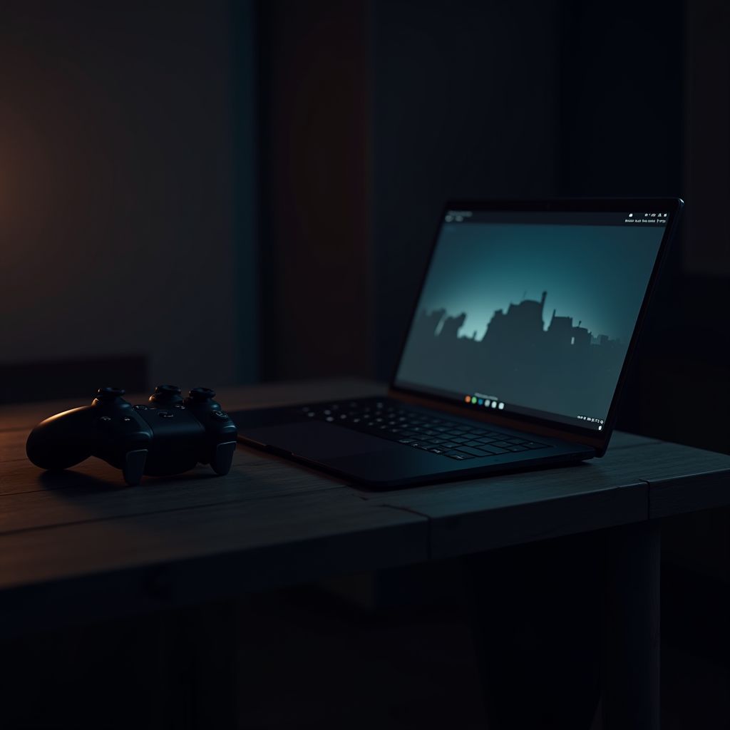 A dimly lit room with a sleek laptop displaying a cityscape silhouette, paired with a game controller on a wooden table.