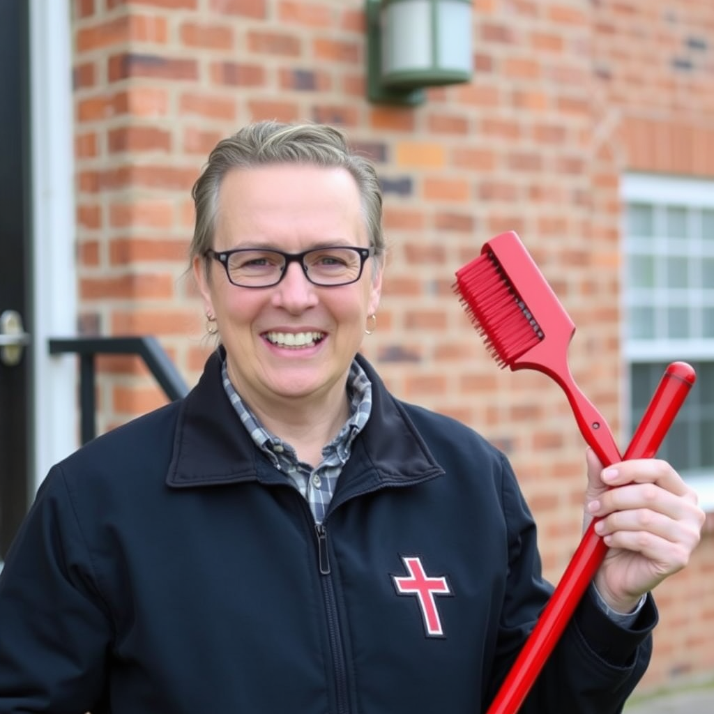 A smiling person holding a large red brush stands outside a brick building, wearing glasses and a black jacket featuring a red cross emblem.