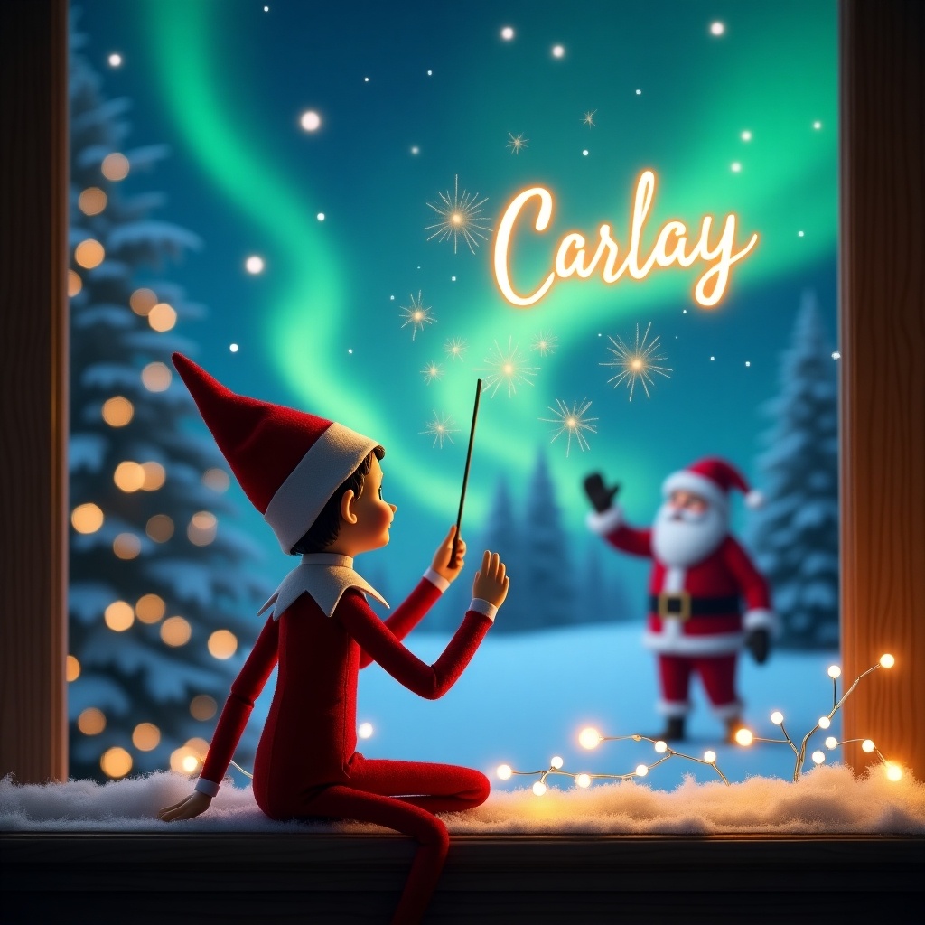 An enchanting Christmas scene featuring an elf on the shelf. The elf sits with its back to the viewer, gazing up and using a wand to write the name 'Carla' in the magical sky. The background includes vibrant northern lights that create a festive atmosphere. In the distance, Santa Claus waves warmly while also writing the names 'Oscar' and 'Finlay' in the air. The setting exudes holiday magic and joy.