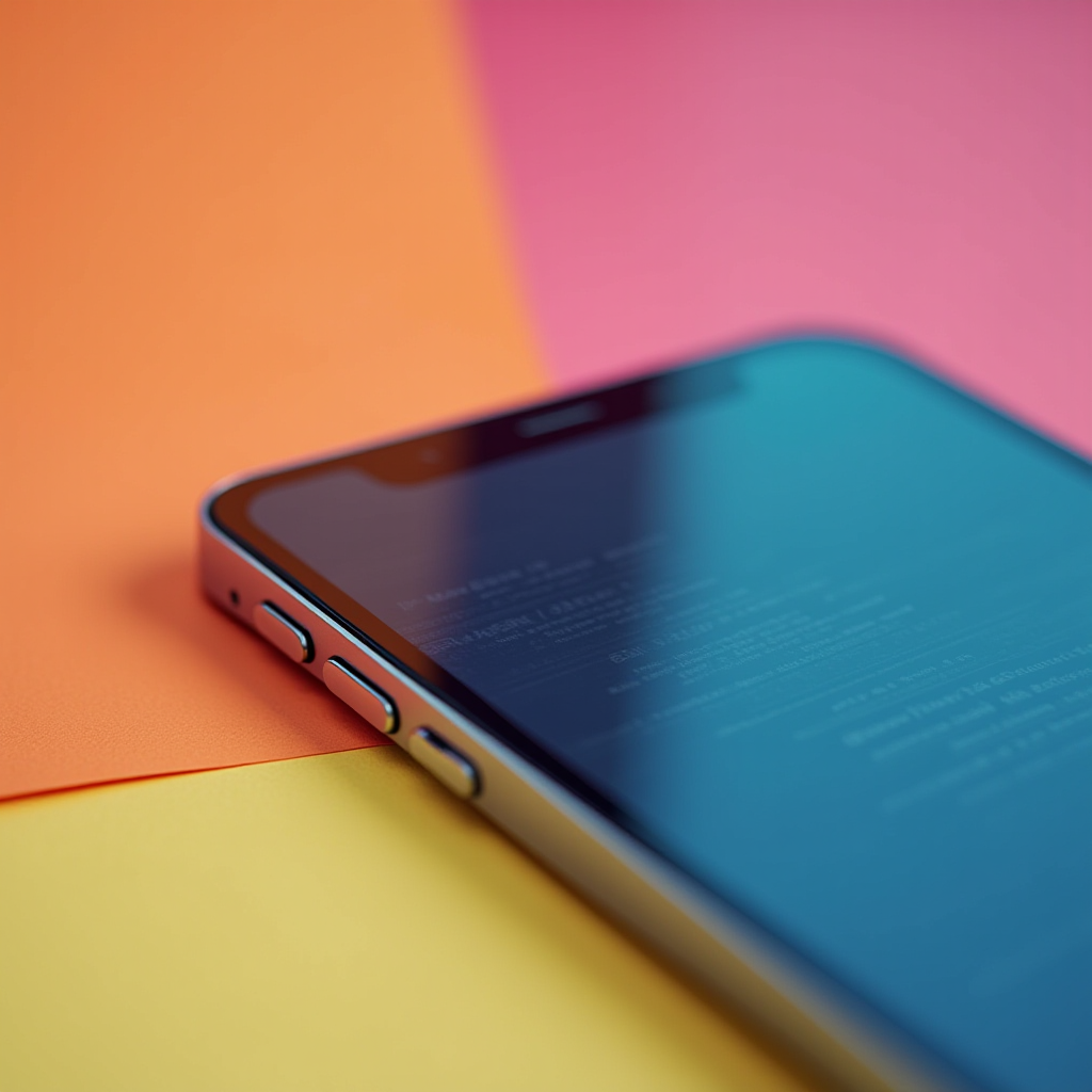 A close-up of a smartphone with a reflective screen, set against a vibrant background of overlapping orange, pink, and yellow papers.