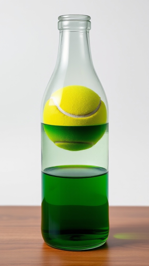 A tennis ball is cleverly suspended within a transparent glass bottle containing a vivid green liquid. The ball floats partially submerged, creating a captivating visual effect. The clear and smooth surface of the liquid and simplicity of the bottle contrast with the bright yellow of the tennis ball, offering a playful exploration of buoyancy and perception.