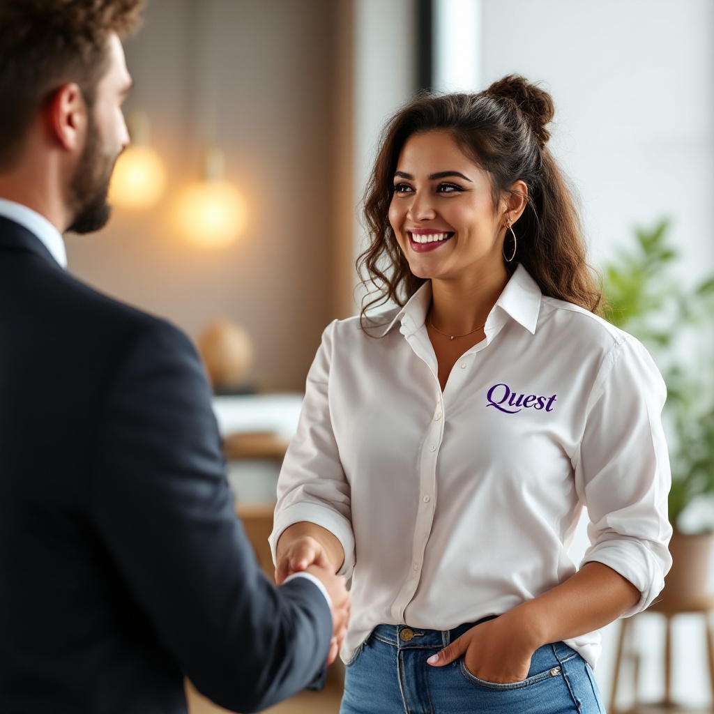 A warm and friendly Spanish daycare teacher stands confidently wearing a white shirt with Quest embroidered. The teacher has a kind expression and is shaking hands with a company executive. The executive is in business attire looking pleased. The setting is a professional yet welcoming environment.