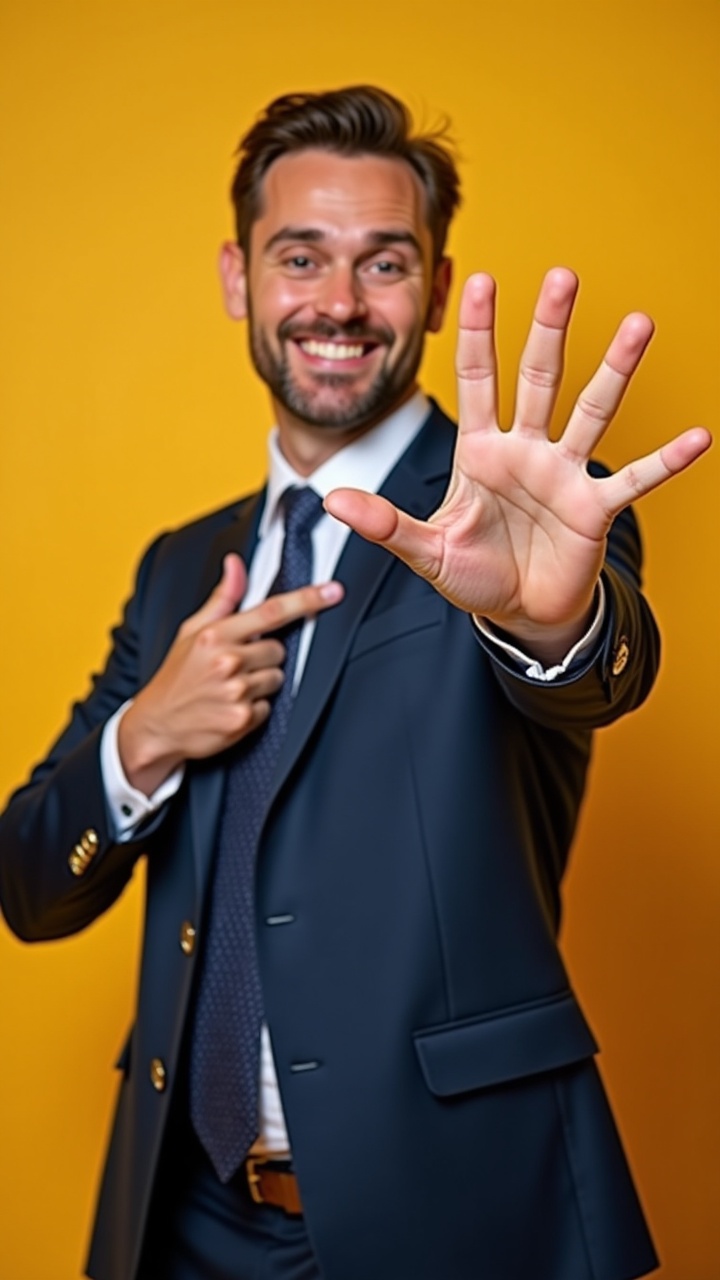 A man in a suit with a cheerful expression, pointing towards the camera while showing five fingers on one hand against a bright yellow background.