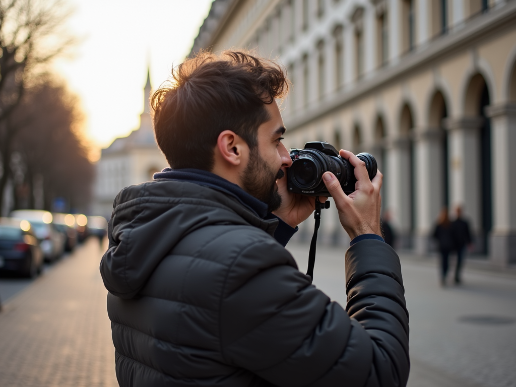 A man in a dark jacket photographs a city street with cars and people, highlighted by the warm glow of a setting sun.