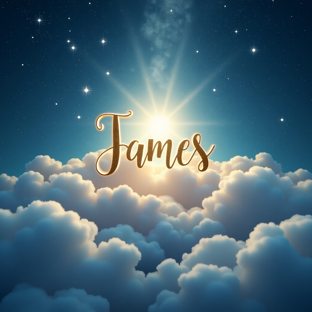 This image depicts a serene and heavenly scene, perfect for honoring a loved one. The golden text spelling 'James' shines brightly against a backdrop of soft, fluffy clouds. A warm light radiates from behind the clouds, creating a peaceful atmosphere. The deep blue sky is speckled with twinkling stars, enhancing the celestial theme. This artwork evokes feelings of love, loss, and remembrance, making it an ideal tribute for someone special during the Christmas season.