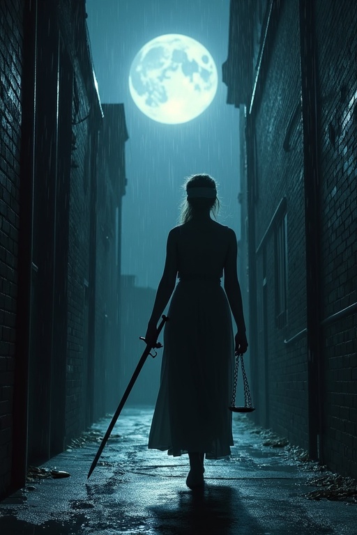 Moon hangs low illuminating a rain-slicked alley. Lady Justice, blindfolded and wearing a robe, walks purposefully. She holds balanced scales and a gleaming sword. Footsteps echo. She pauses, senses danger. A mugger lunges from shadows and grabs her. The mugger mocks her, takes scales, and disappears. Lady Justice stands, resolves to prevail.