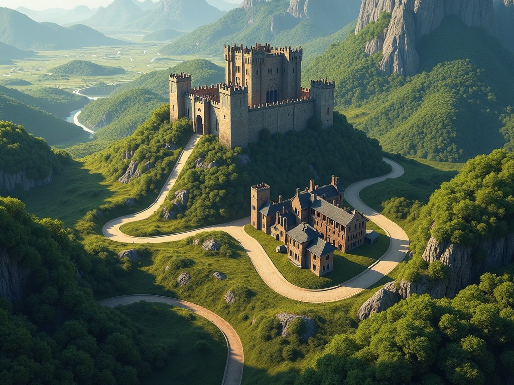 This image showcases a breathtaking aerial view of a heightmap landscape. At the center stands an imposing castle, elevated above the surroundings, exuding a sense of grandeur. Encircling the castle, there is a medieval village set on gently sloping terrain, nestled among lush green hills. The landscape features varied elevations, with distinct height differences near the castle and the village, creating a dynamic visual experience. Surrounding the scene are mystical forests, enhancing the fantasy atmosphere of the image.