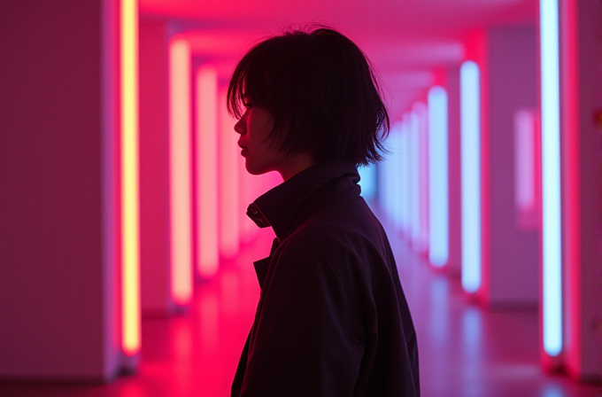 A person stands in silhouette under vibrant pink and blue neon lights within a corridor.