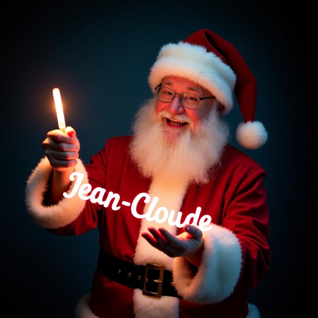 Image features Santa Claus in red and white suit. Santa holds a glow stick. Name 'Jean-Claude' is illuminated. Expression is jolly and inviting. Background is dark to enhance brightness. Scene captures Christmas magic and holiday joy. Suitable for holiday-themed applications.