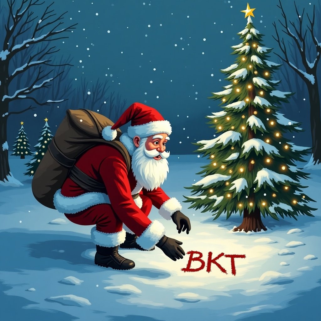 Santa outdoors in a snowy landscape. Christmas trees are decorated with lights. He is writing the letters BKT in the snow.