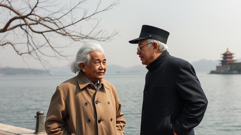 Two elderly men talk by a lake with a traditional building in the background.