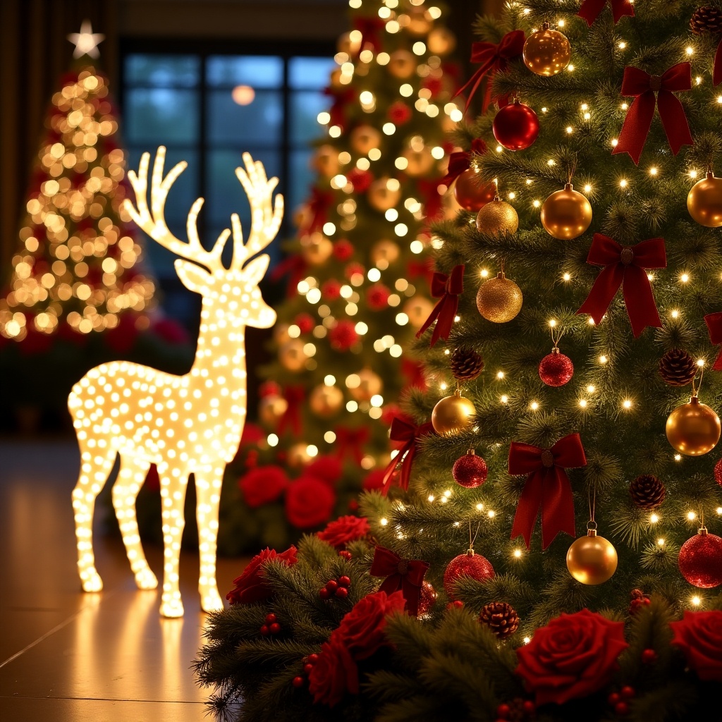 Multiple decorated Christmas trees with red gold white colors lighted deer garland red rose berries cones red gold