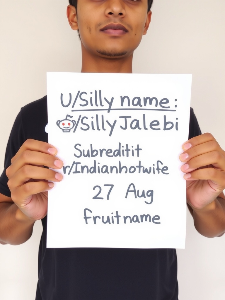 The image depicts a person holding up a piece of paper with handwritten text that includes a username, subreddit, date, and a cryptic note. The person is partially visible, with only the lower part of the face and hands shown, creating an aura of anonymity. The minimalistic background and casual attire emphasize the focus on the message rather than the individual.