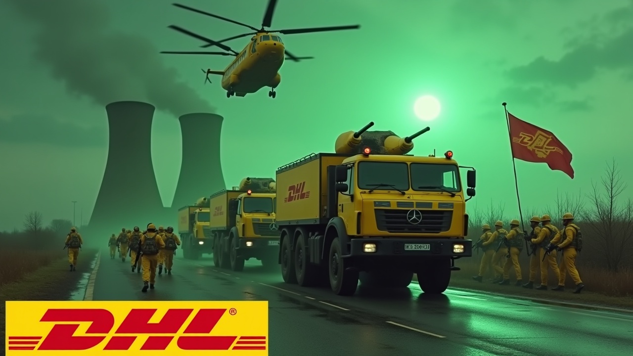 In a dramatic scene, large yellow armoured trucks with double-barrel cannons approach a road checkpoint. The trucks feature the DHL logo prominently on the sides. Nearby soldiers in yellow uniforms march in unison, some holding rifles. One soldier waves a flag displaying the DHL logo. In the background, glowing green smokestacks of a nuclear power plant are visible, contributing to an ominous atmosphere. A Chinook CH-47 helicopter flies above, intensifying the scene. The bottom of the image highlights the DHL logo in bold, yellow text.