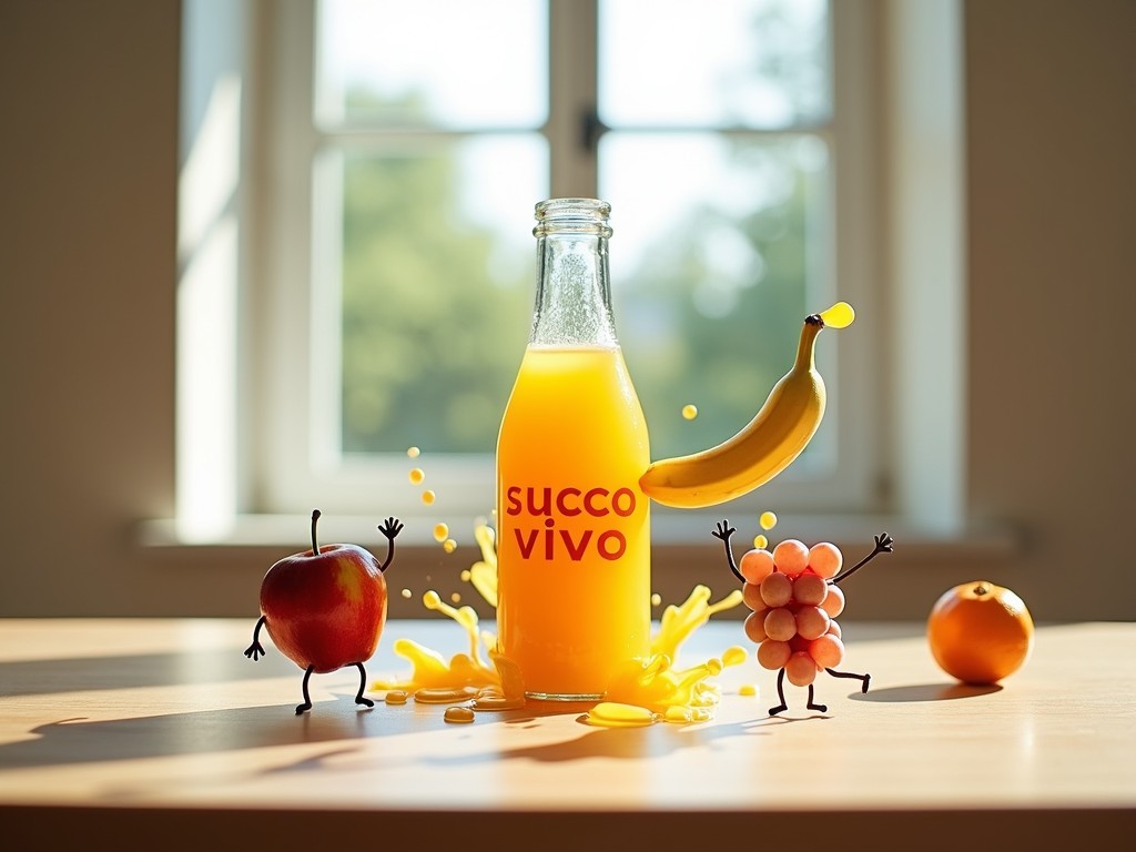 This vibrant image showcases a fun and whimsical composition featuring a bottle of orange juice labeled 'succo vivo'. The juice bottle is the central focus, surrounded by playful, cartoonish fruit characters: an apple, a banana, and a cluster of grapes, with an orange laying nearby. The fruits are animated with arms and legs, creating a lively and joyful atmosphere. Sunlight streaming through a window illuminates the scene, casting soft shadows and adding warmth.