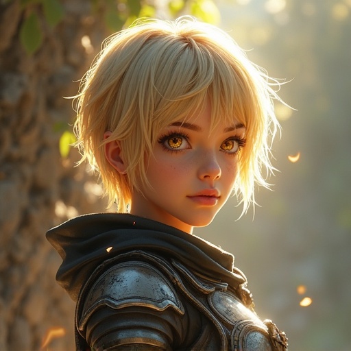 Strong and attractive young female with short blonde hair and shiny golden eyes. Wears sleek and elegant hunting armor. Calm and shy yet shows unmatched bravery. Athletic body surrounded by a magical energy aura.
