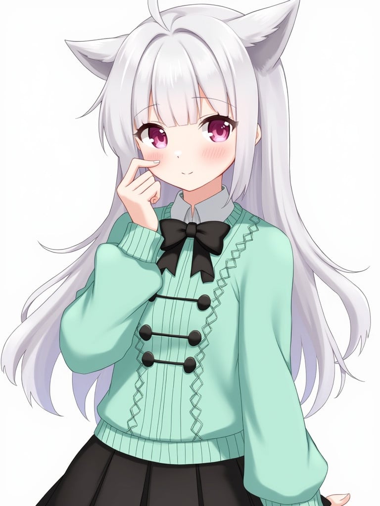 Fantasy character design features white fluffy hair to the shoulders. Character with pink eyes shows a sense of contentment. Outfit includes a detailed mint green sweater adorned with a black bow and a black skirt. Design incorporates typical anime aesthetics.