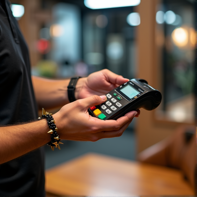 A person with a spiked bracelet operates a card payment terminal in a warmly lit environment.