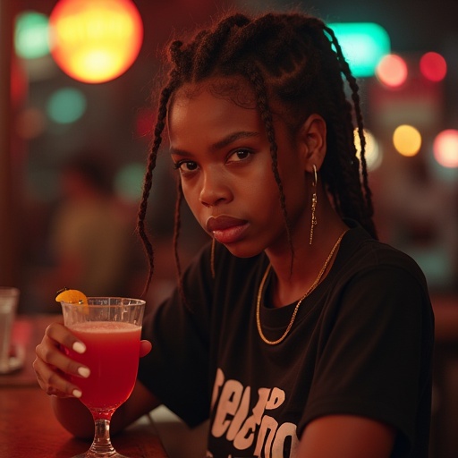 Shot of a girl at a bar wearing a Pulp Fiction shirt. She has messy box braids and is holding a red cocktail. The girl looks uneasy as she stares off. Ambient lighting fills the bar atmosphere.