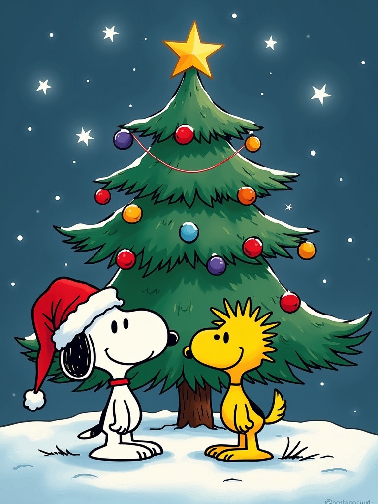 Snoopy and Woodstock celebrate Christmas together. A large Christmas tree is in the background. Snowy scene with a star on top of the tree. Snoopy wears a red Santa hat. Colorful ornaments hang from the tree.