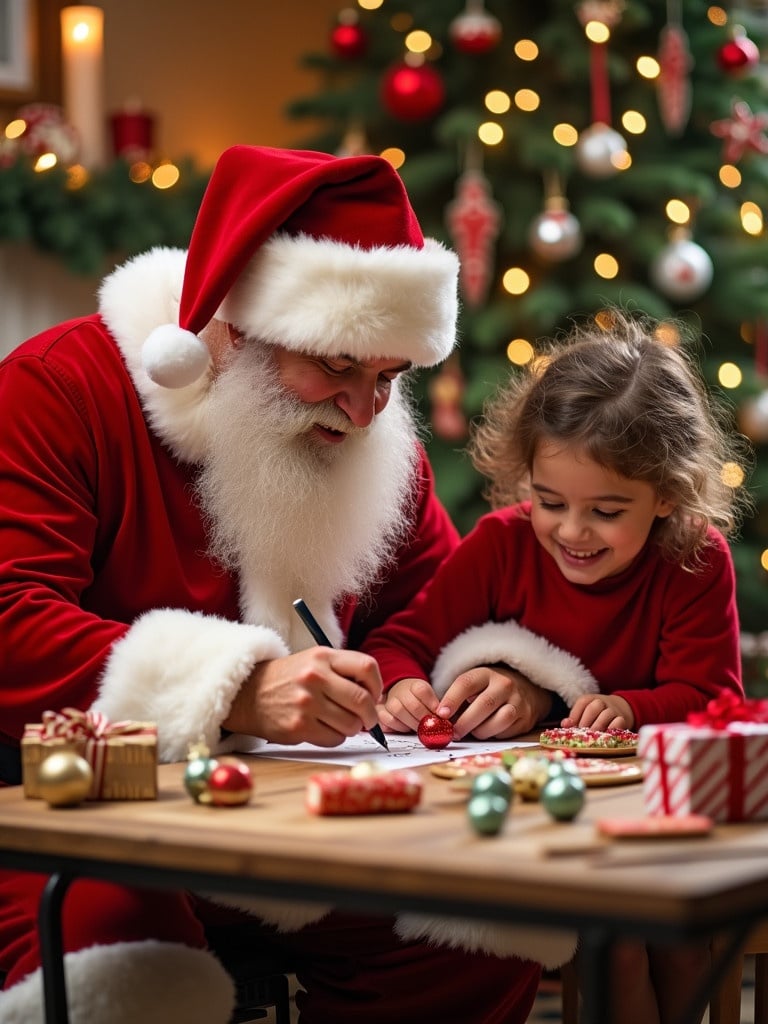 Festive cozy room with Santa Claus seated at a table. Drawing names on Christmas baubles with a cheerful child beside him. Warm glow from a decorated Christmas tree. Surrounding gift boxes and holiday treats. Magical holiday moment full of cheer.