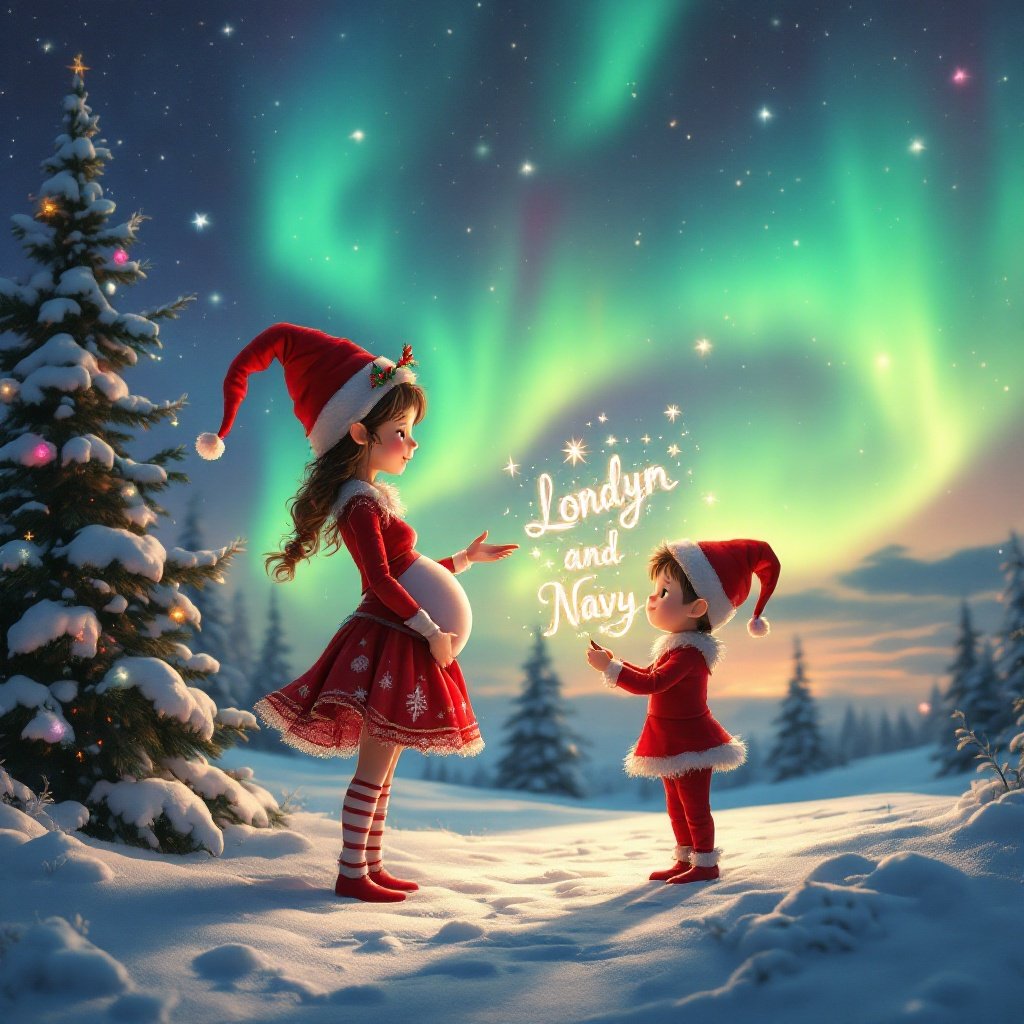 Enchanting Christmas scene with a pregnant elf on the shelf and her brother. Elf wears red and white clothing. They are in a snowy landscape with vibrant northern lights. A magical script says 'Londyn and Navy' above them. The setting captures the spirit of Christmas with a whimsical touch.