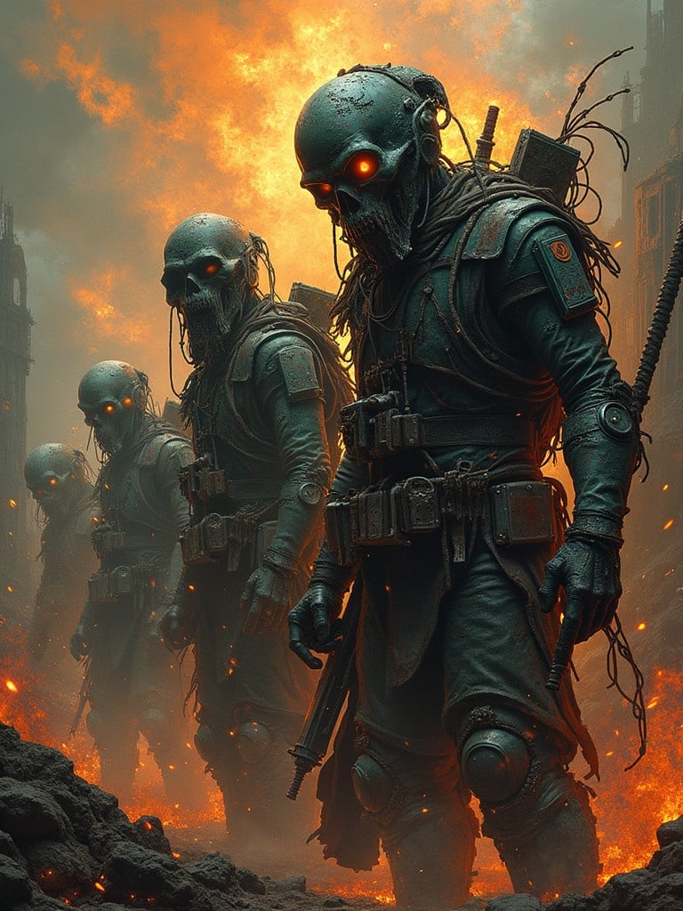 Group of armored soldiers marching through fiery landscape. Dark, intense colors dominate the scene. Figures appear in futuristic armor with tactical gear. Background engulfed in flames creating a dramatic atmosphere.