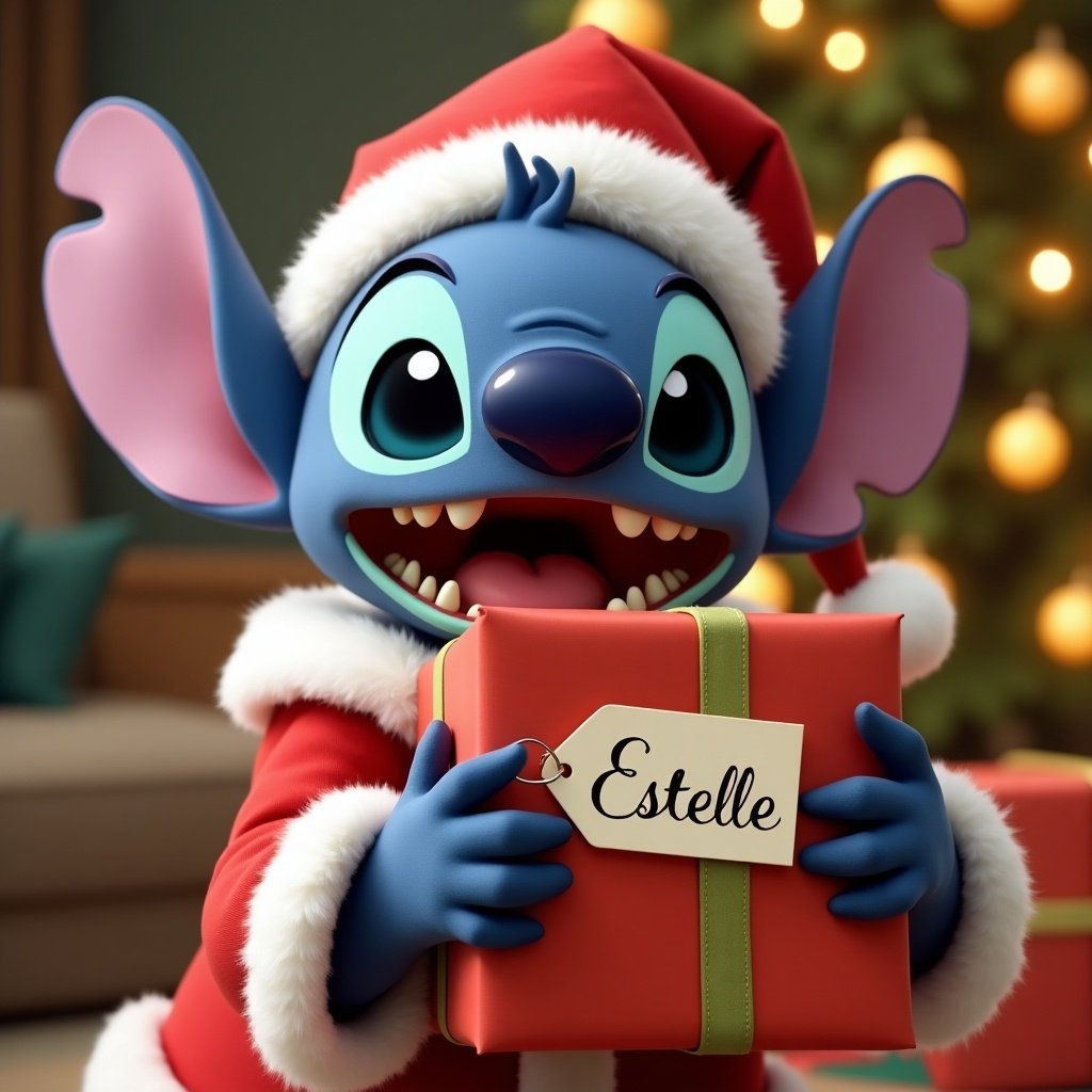 Stitch character dressed in Santa outfit. Stitch holds a Christmas present labeled Estelle. Background features holiday decorations and a cozy room.