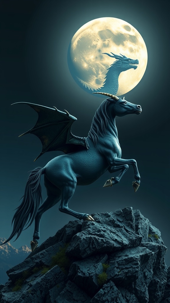 A mythical winged unicorn stands atop a rocky cliff under a full moon with a dragon's silhouette.