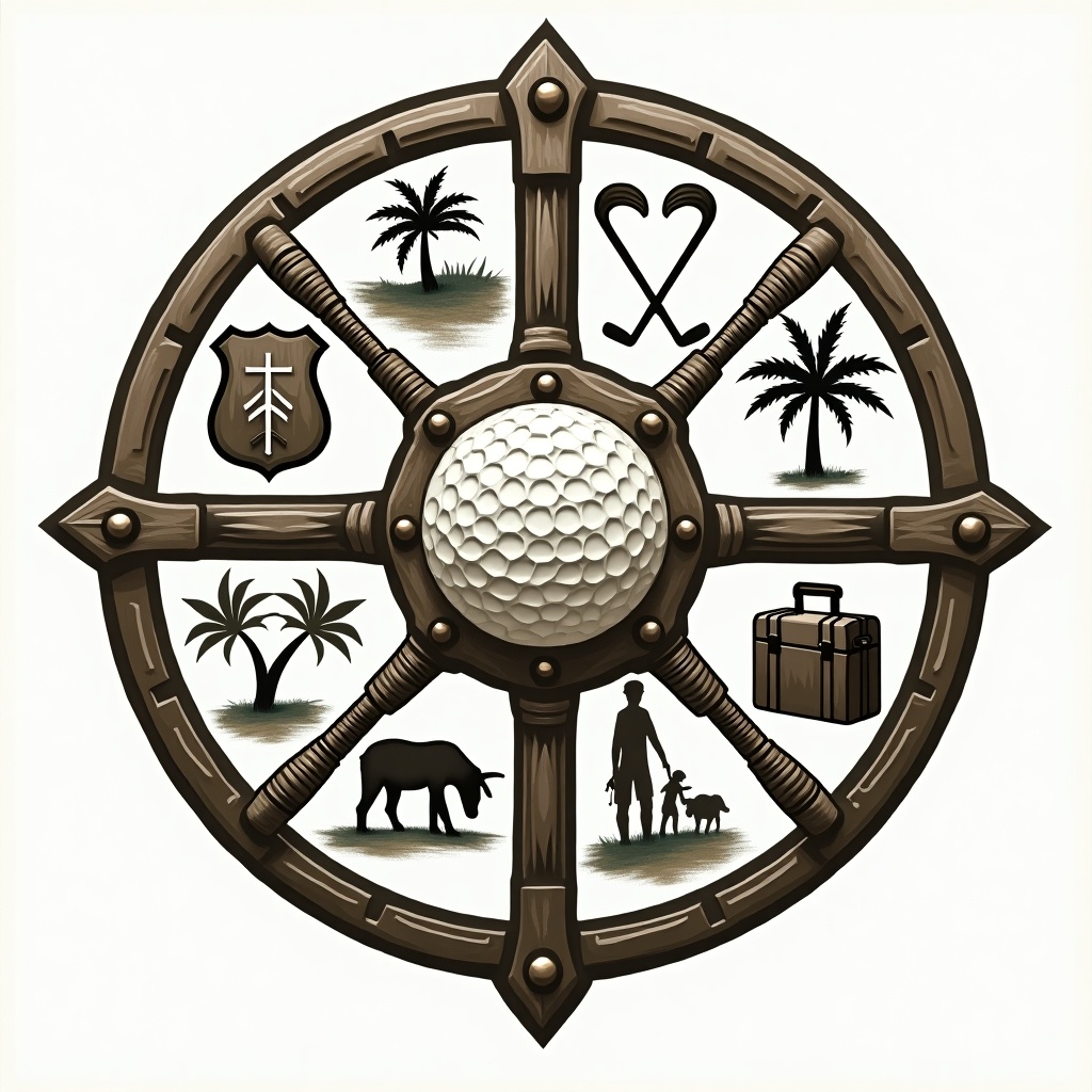 This image features a ship's wheel symbolizing navigation and guidance in life. At the center, there is a realistic golf ball, representing leisure and skill. Surrounding the wheel are various icons that illustrate themes of family and vacation. These include a family silhouette with a child and a dog, as well as lush tropical palm trees. Additionally, there is a shield, signifying protection and loyalty. The overall design blends fun elements of leisure and family togetherness. This unique blend makes it suitable for marketing materials.