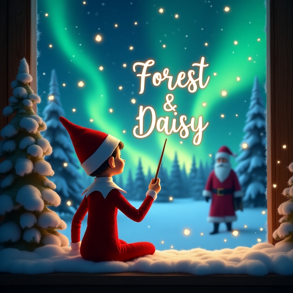 Elf on a shelf facing a magical winter sky. Elf in red outfit uses a wand to write names Forest and Daisy in stars. Background has northern lights and snow-covered trees. Santa silhouette in distance emphasizes Christmas theme.