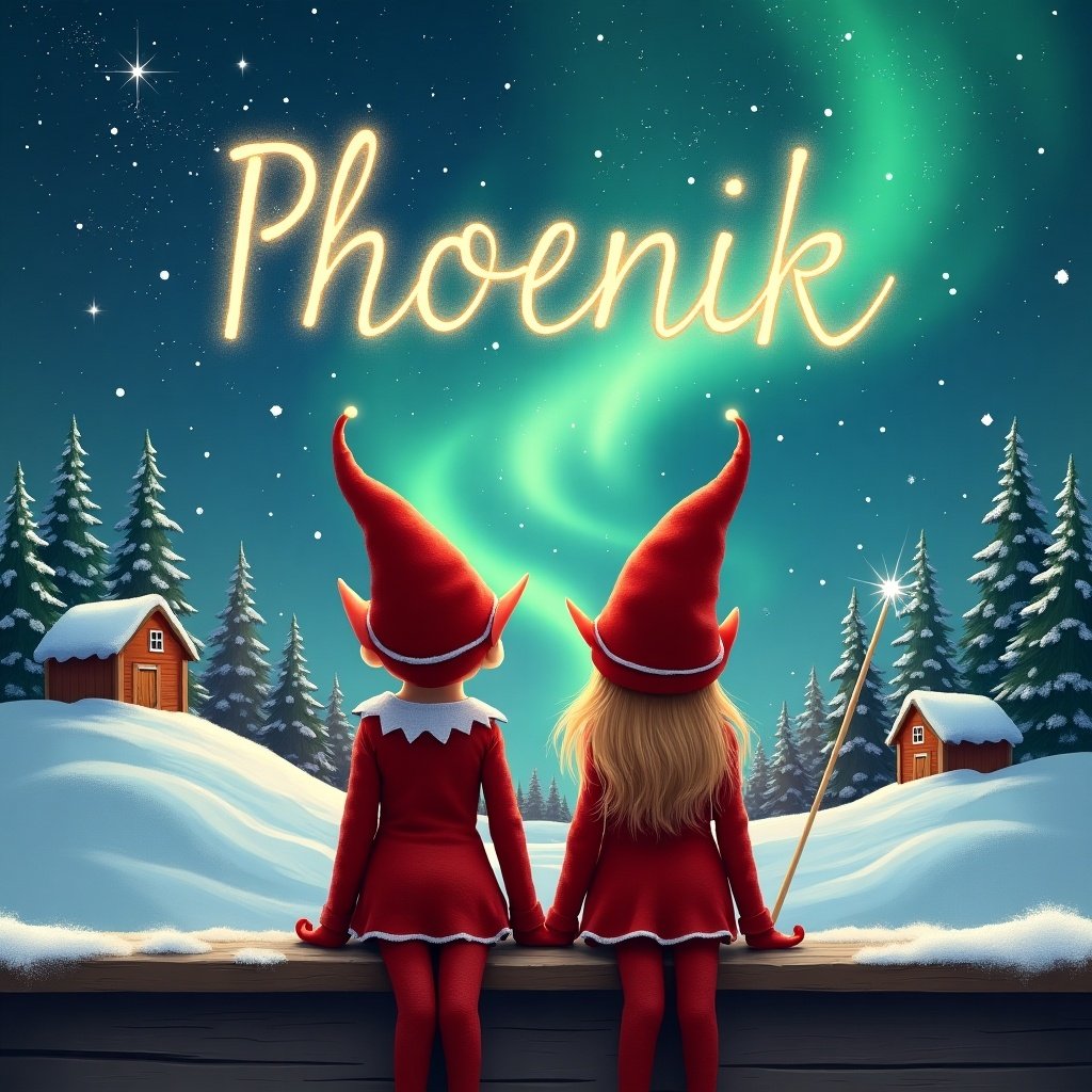 Two elves sit on a ledge. They gaze at a magical sky. They wear red outfits with pointed hats. One elf holds a sparkling wand. The wand writes the name 'Phoenix' in the sky. A snowy landscape surrounds them. Charming houses and evergreen trees are visible. The scene captures childhood magic and Christmas cheer. Another name 'Maverick' is also written.