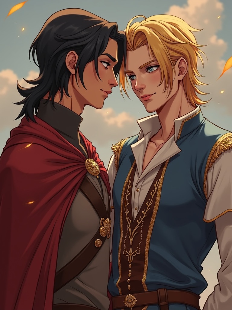 Two princes about to kiss in a romantic setting. One prince wears a red cloak; the other wears a blue outfit with golden accents. They have a background with a sky and soft lighting. Both have expressive stances indicating closeness.