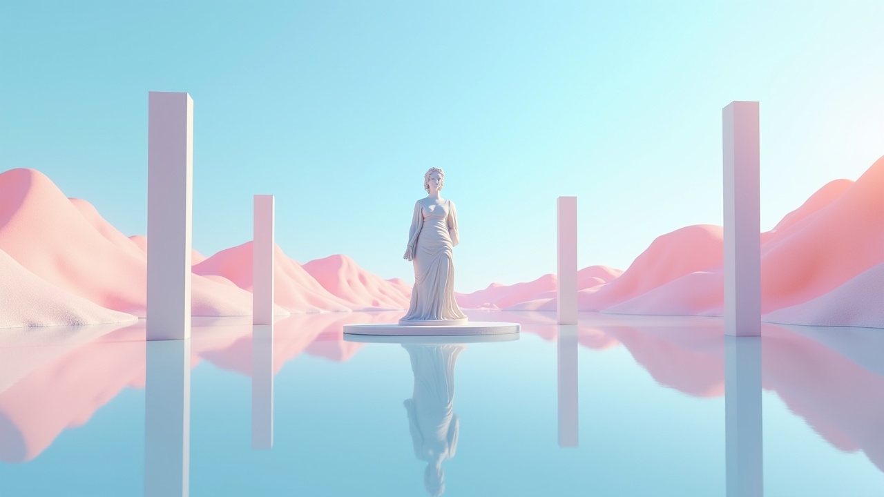 The image depicts a serene landscape with a central statue, surrounded by gentle pink hills. The statue stands on a circular base, reflecting beautifully in the water. Tall, white pillars frame the scene, creating a sense of depth. The soft pastel colors create a calming atmosphere. The lighting adds a dreamlike quality, emphasizing the smooth textures of the surroundings. This piece blends classical and contemporary elements, inviting contemplation.