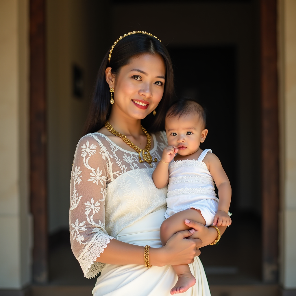 A mother dressed in intricately embroidered white attire holds her baby, both looking towards the camera with warmth and joy.