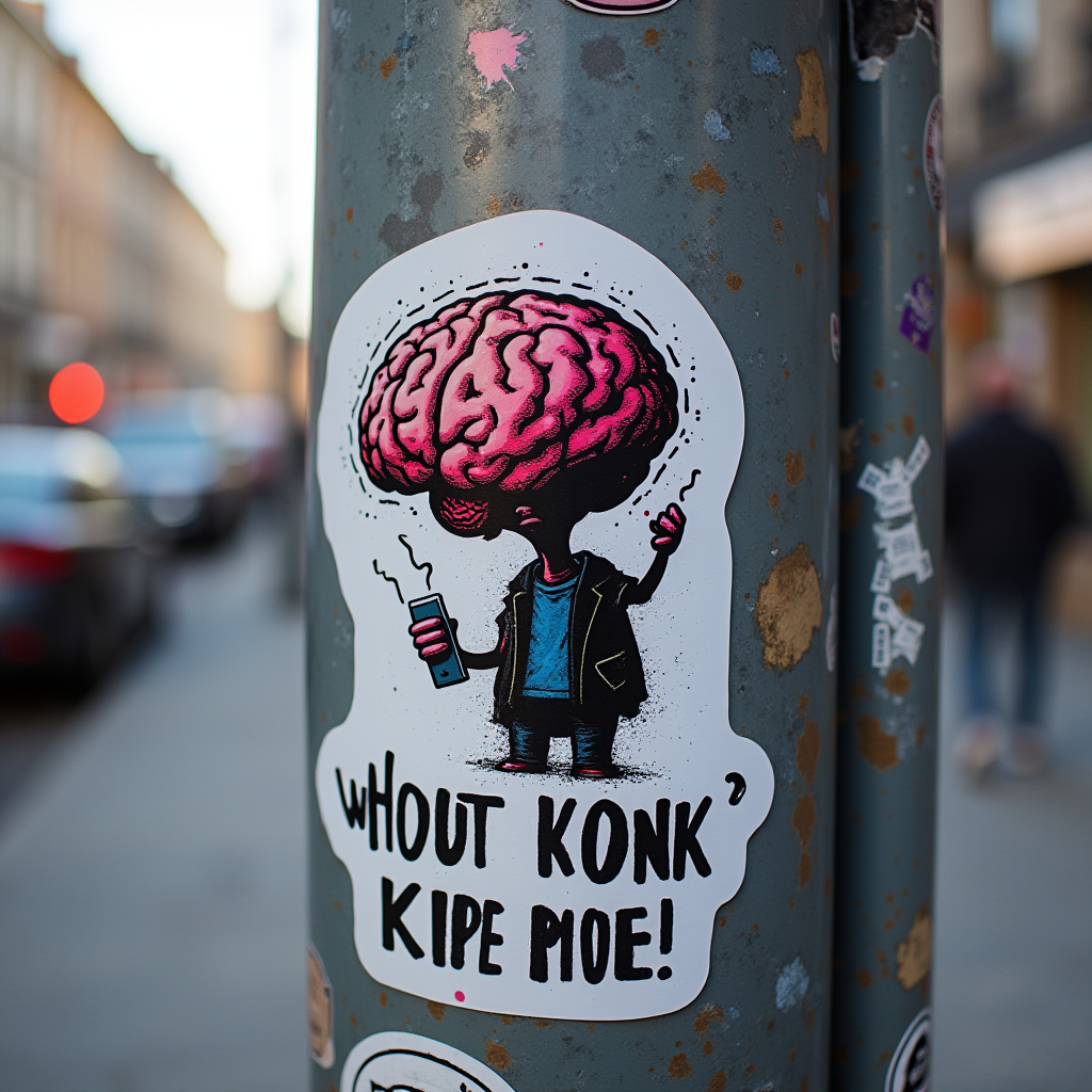 The image features a street art sticker on a pole, depicting a cartoon character with a large brain as its head. The character is holding a cigarette in one hand and a cup in the other, both emitting smoke. The character is dressed in a black jacket and blue shirt. Beneath the illustration, there is text that reads "WHOUT KONK KIPE PIOE!" The pole is gray with signs of weathering and other stickers in the background. The street appears slightly blurred, indicating a typical urban environment.