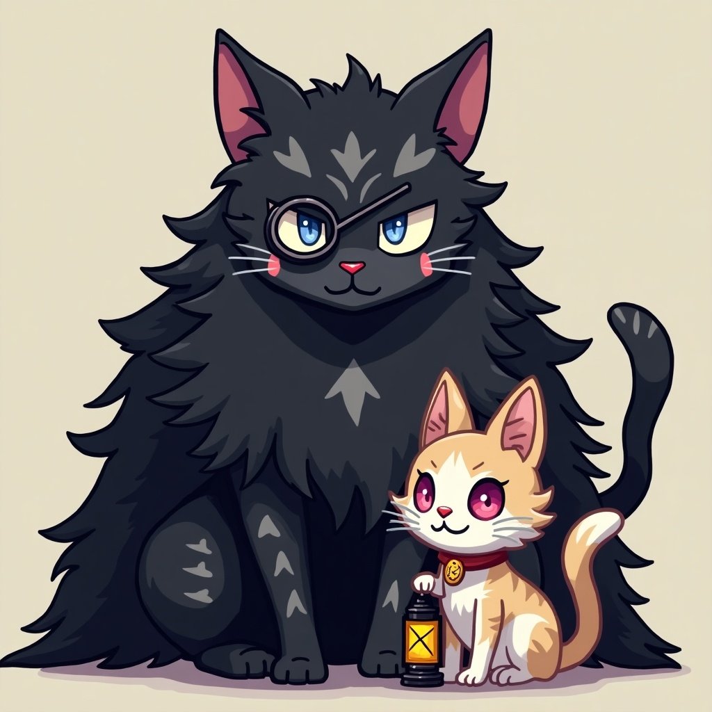 Image features pixel art style with two cats. Main character is a large black cat with long fur and blue eyes. She has a monocle and a scar. The second cat is smaller with beige-white fur and reddish-pink eyes. Background is simple to highlight the characters.