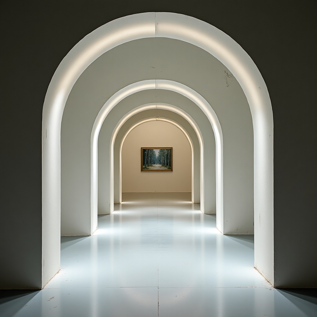 A tunnel features four arches with varying heights. The first arch is 2.5m tall. The second arch reaches 3.5m tall. The third arch is slanted and stands at 3m tall. The fourth arch resembles a closed dome. A painting hangs at the end of the tunnel, inside the dome. All arches have a consistent width and small gaps in between them. Ideal for showcasing architectural or prototyping processes.