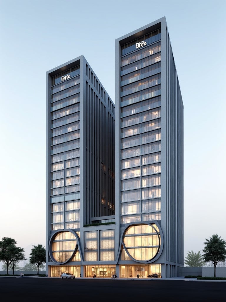 Design elevation of a modern 22-storey office building. Industrial look with sleek lines and glass facades. Composed of three integrated units of varying heights. Foundation includes one bank office and one oil company office. Structure combines functionality and visual appeal. Displayed with a tunnel featuring four arches of different heights.