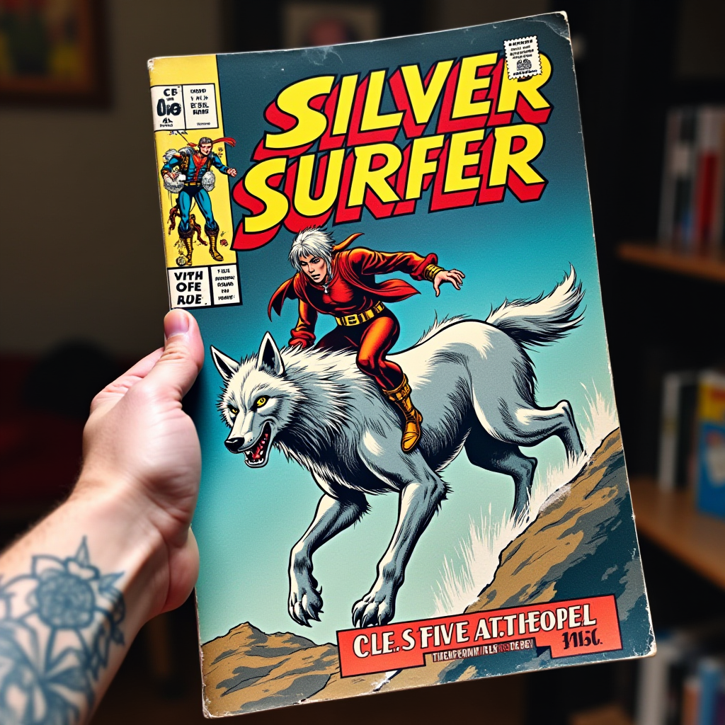 A vintage comic book cover featuring a hero riding a snarling white wolf under the bold title 'Silver Surfer'.